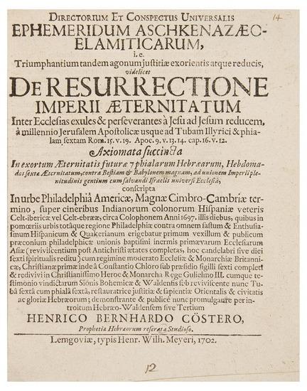 Appraisal: K STER Heinrich Bernard Directorium et Conspectus Universalis Ephemeridum Aschkenazaec-Elamiticarum