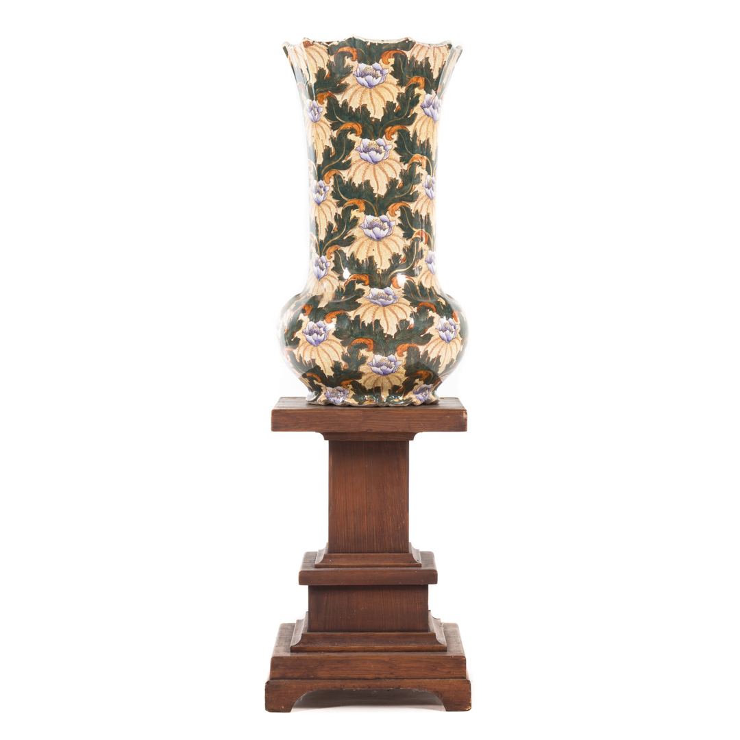 Appraisal: Large transfer decorated vase with wood pedestal vase - in