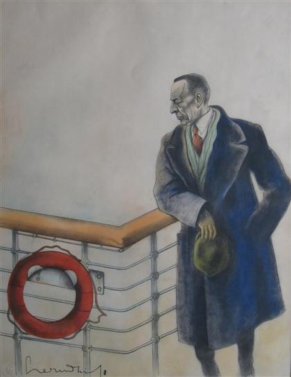 Appraisal: AMERICAN SCHOOL th century MAN BY THE RAILING Indistinct signature