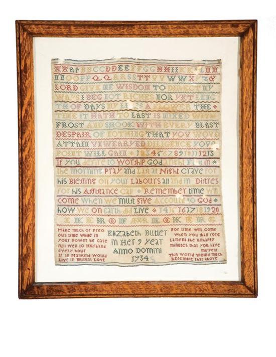 Appraisal: EARLY SAMPLER Elizabeth Butler English or American silk on wool