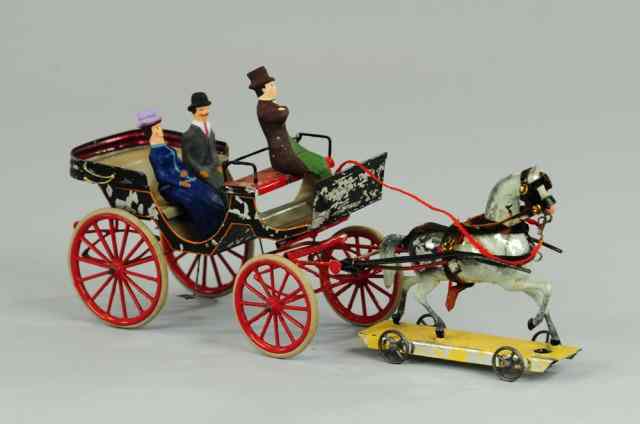 Appraisal: OPEN HORSE DRAWN COACH Buckner hand painted tin landau features