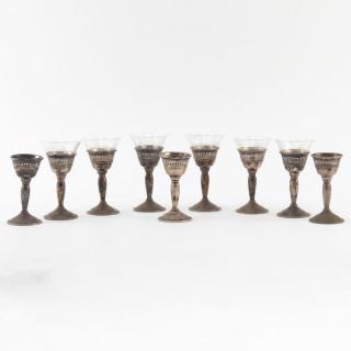 Appraisal: Nine Sterling and Glass Cordial Glasses Nine Sterling and Glass