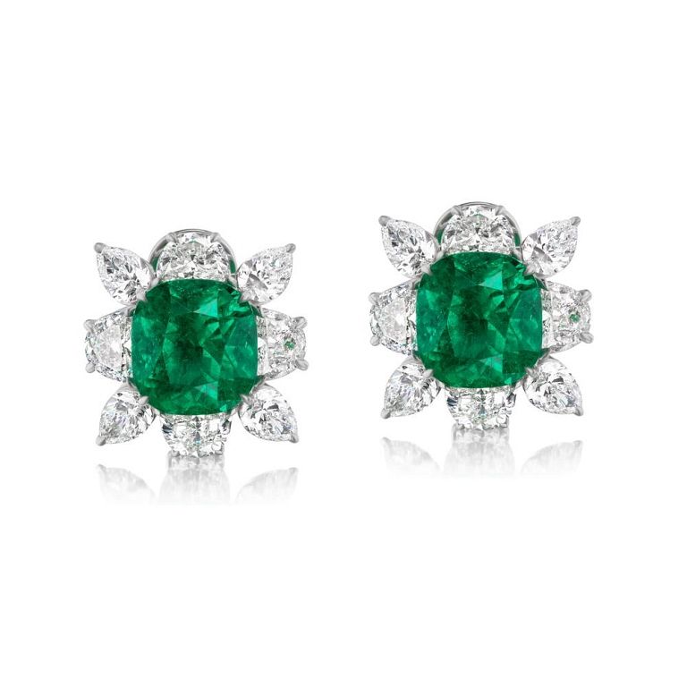 Appraisal: COLOMBIAN EMERALD AND DIAMOND EARRING COLOMBIAN EMERALD AND DIAMOND EARRING