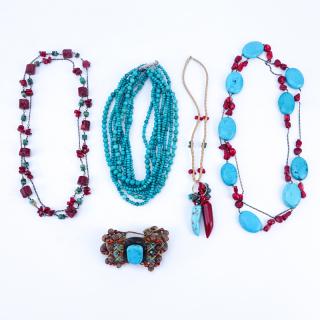 Appraisal: Five Pieces Vintage Turquoise and Coral Costume Jewelry Includes necklaces