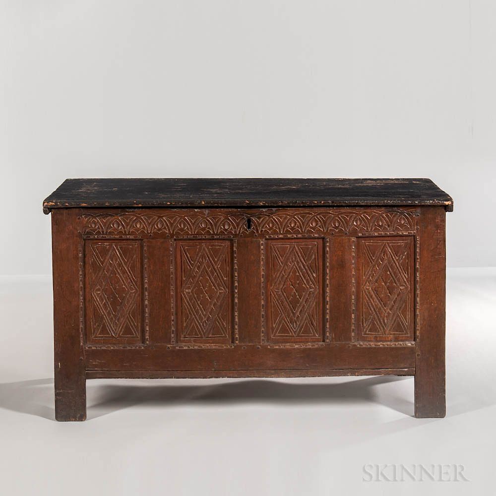 Appraisal: Carved Oak and Pine Joined Chest Carved Oak and Pine