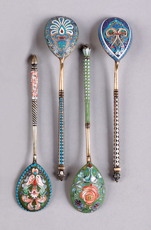 Appraisal: Four Russian silver gilt and enamel spoons ca bearing the