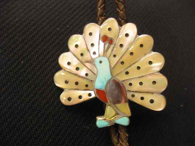 Appraisal: Indian Bolo Tie figural peacock with abalone coral turquoise ''