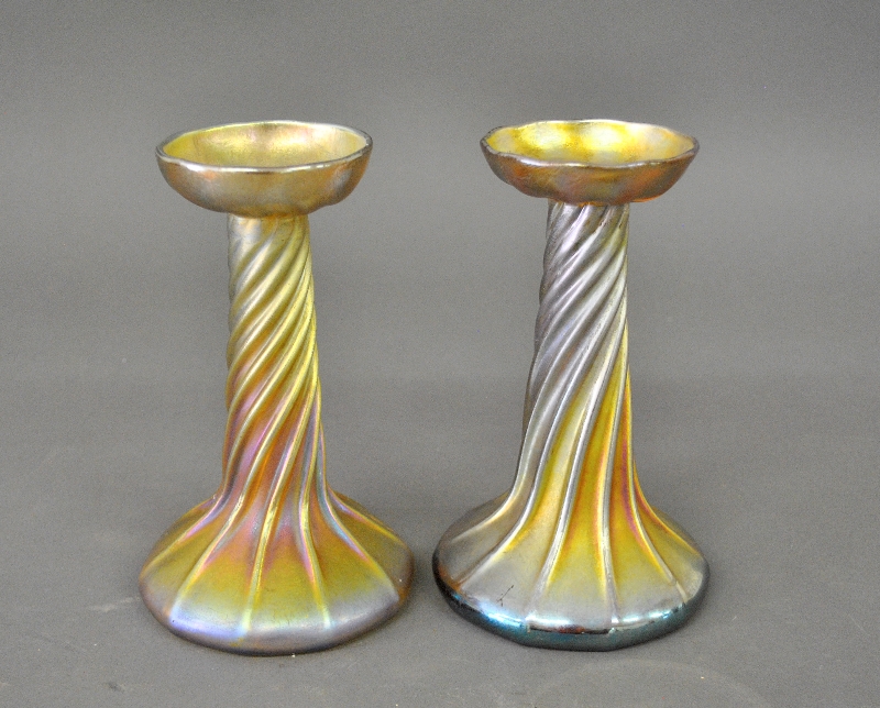 Appraisal: - Pair of Tiffany Favrile Art Glass candlesticks signed L