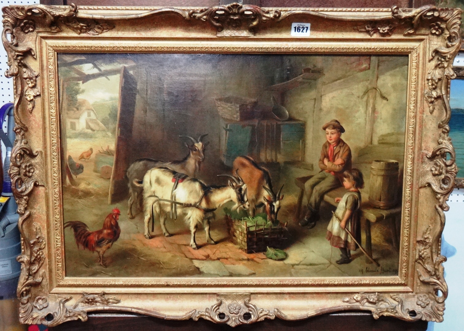 Appraisal: Claude Hunt - Children and goats in a barn interior