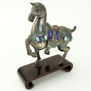 Appraisal: Chinese Sterling Silver Enamel and Turquoise Inlaid Tang Style Horse