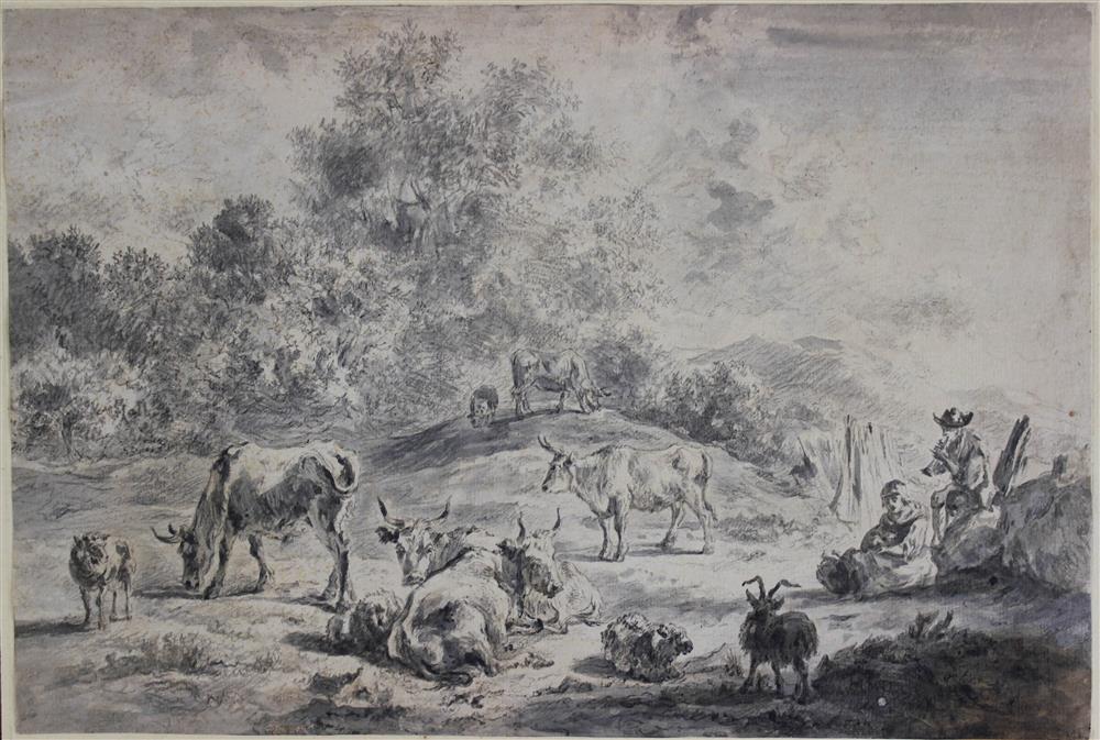 Appraisal: CIRCLE OF NICOLAES BERCHEM DUTCH - WOODED LANDSCAPE WITH HERDERS