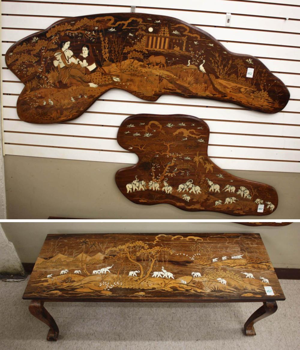 Appraisal: THREE INDIA INLAID ROSEWOOD DECORATIVE ACCESSORIES SET coffee table coffee