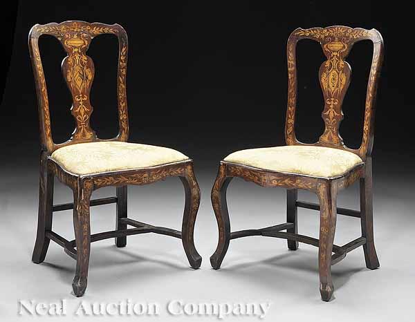 Appraisal: A Pair of Dutch Marquetry Inlaid Mahogany Side Chairs early