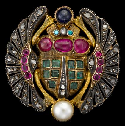 Appraisal: Yellow gold tone sapphire ruby emerald pearl and diamond scarab