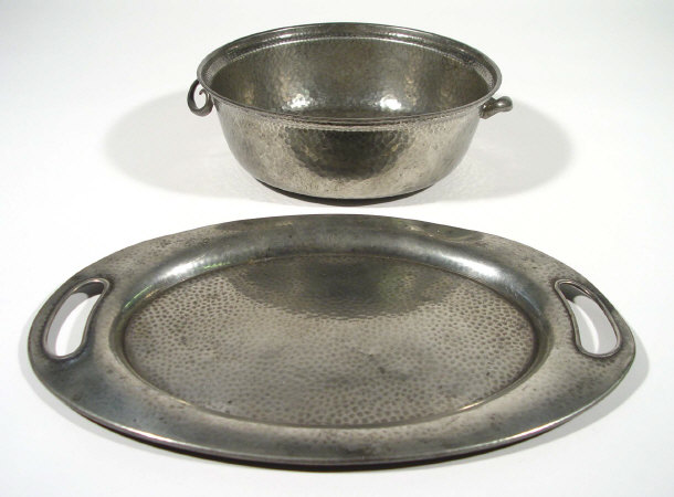 Appraisal: Hutton hammered Art Nouveau pewter bowl with twist handles together