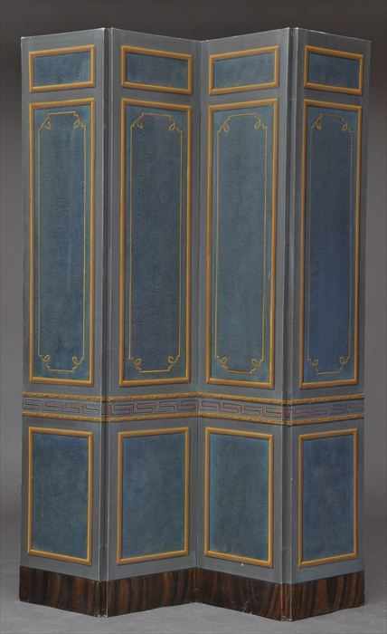 Appraisal: LOUIS XVI-STYLE PAINTED CANVAS FOUR-FOLD TALL SCREEN Each fold with