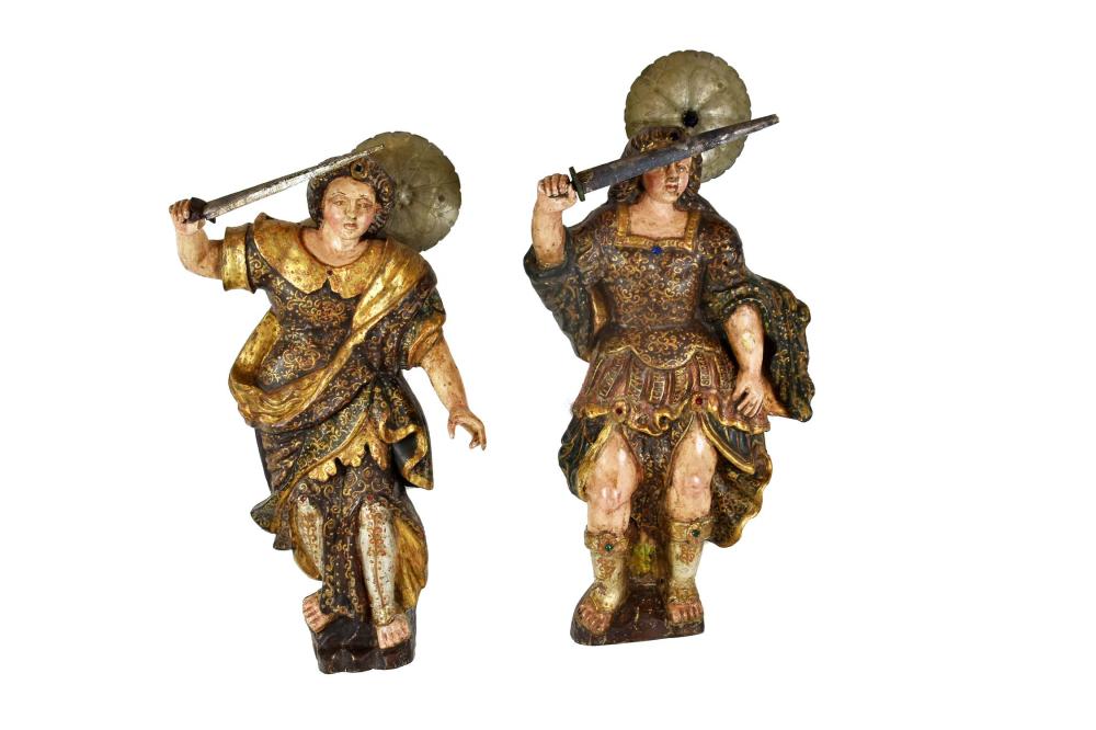 Appraisal: PAIR OF SPANISH COLONIAL GILTWOOD FIGURESLate th th Century Probably