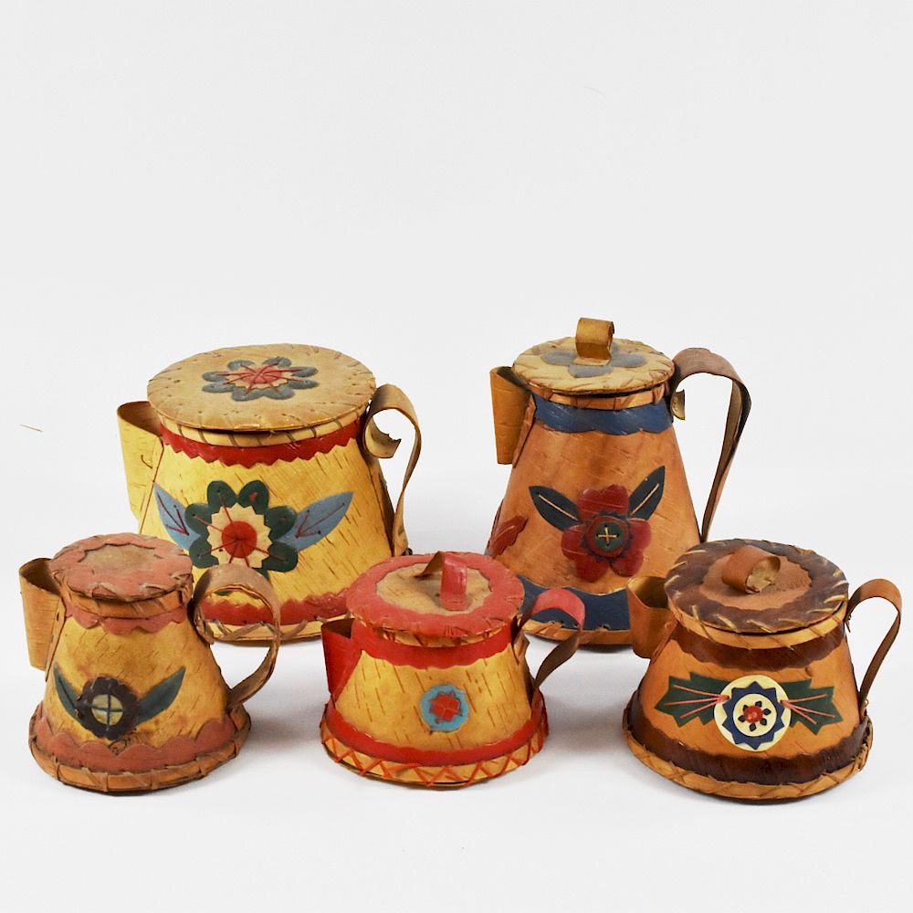 Appraisal: Birch Bark Teapots with Applied Decoration Group of five Woodlands