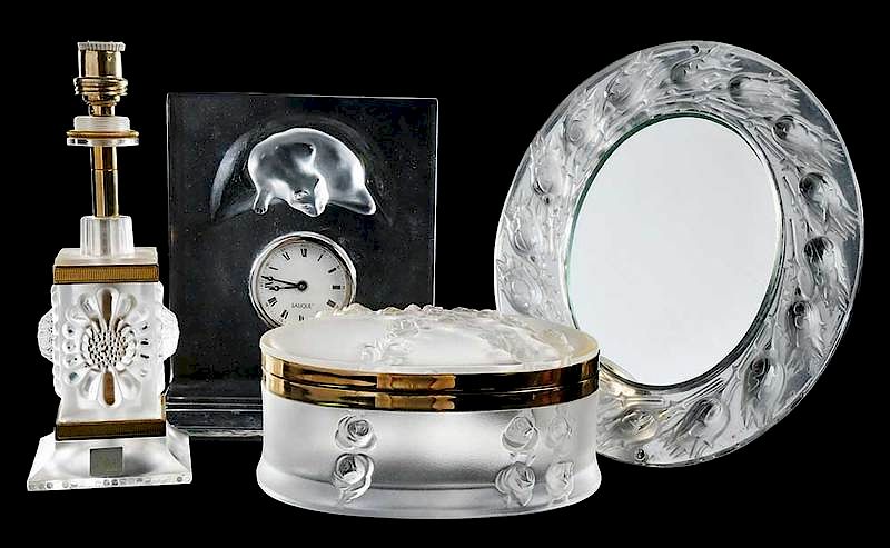 Appraisal: Four Lalique Glass Dresser Items dresser or desk clock with