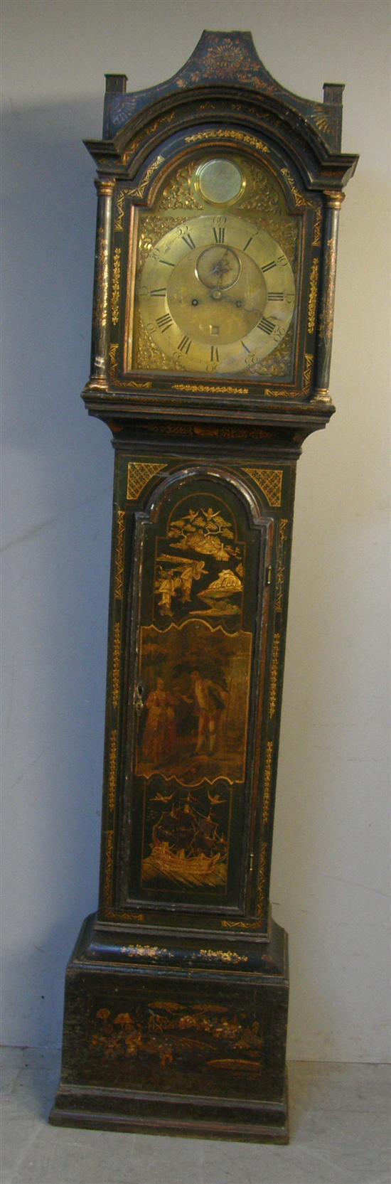 Appraisal: th century black lacquered long case clock by John Johnson