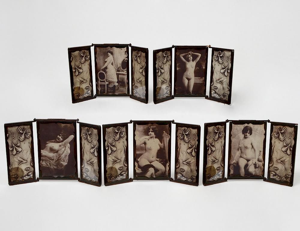 Appraisal: FIVE EROTIC RUSSIAN GLASS TABLE SCREENS Early th Century Three