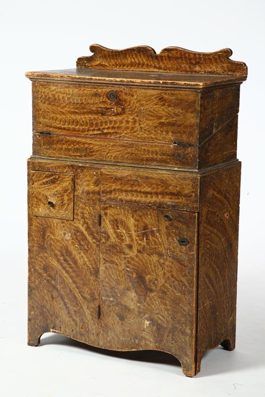 Appraisal: UNUSUAL DECORATED CUPBOARD American th century pine Hinged upper compartment