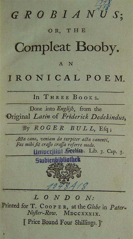 Appraisal: Dedekind Friderich Grobianus or the compleat booby Done into English