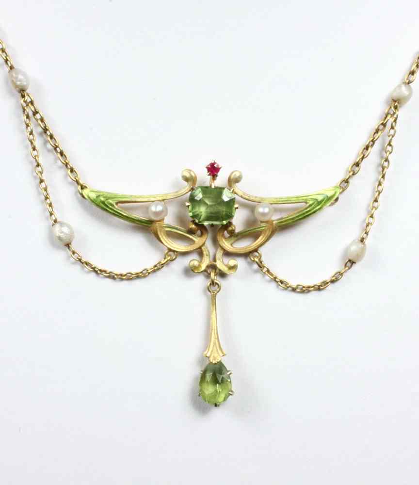 Appraisal: PENDANT - Art Nouveau enamel peridot and pearl pendant an