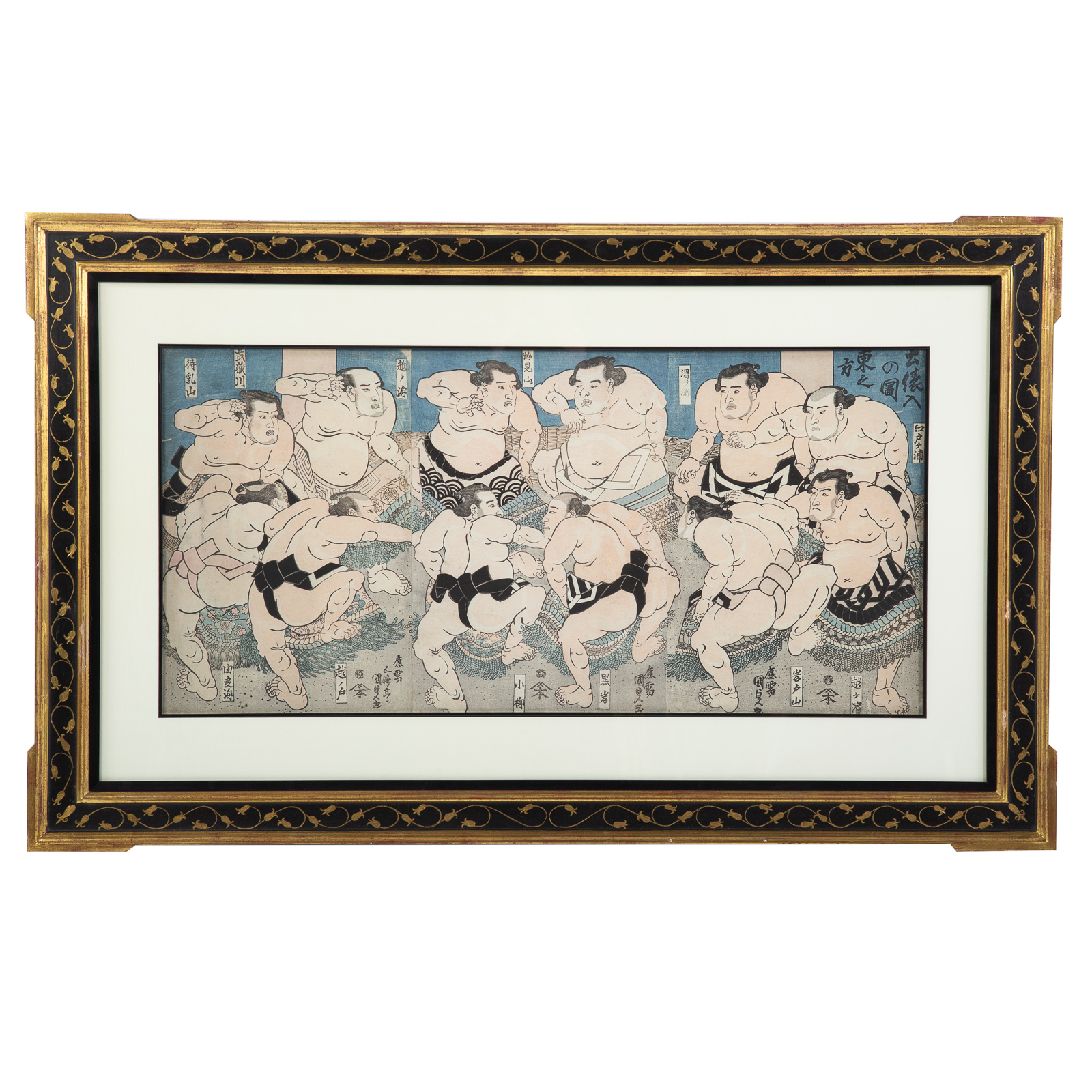 Appraisal: KUNISADA I RING OF SUMO WRESTLERS TRIPTYCH Japanese - Color