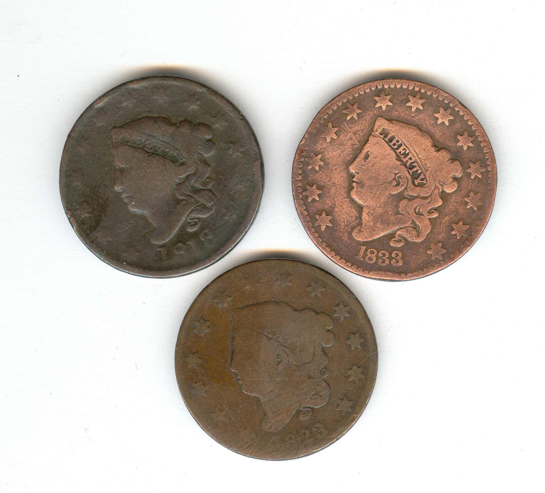 Appraisal: THREE U S LARGE CENTS - - Estate coins