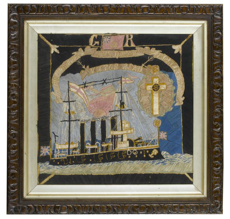 Appraisal: A MARINER'S COMMEMORATIVE WOOLWORK PICTURE OR 'WOOLIE' OF HMS QUEEN