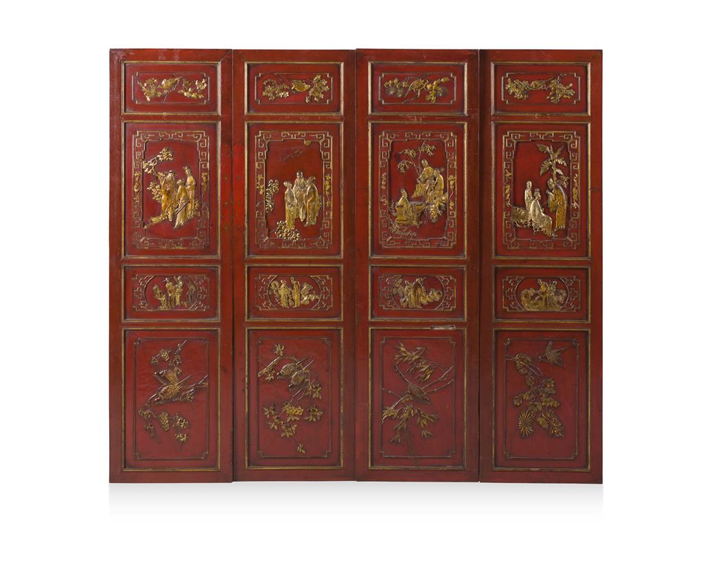 Appraisal: FOUR CHINESE CARVED RED PAINTED AND PARCEL GILT PANELS TH