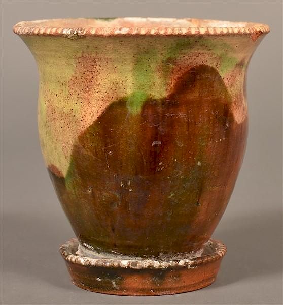 Appraisal: Redware Flower Pot Attributed to J Eberly Co Good Multi-glazed