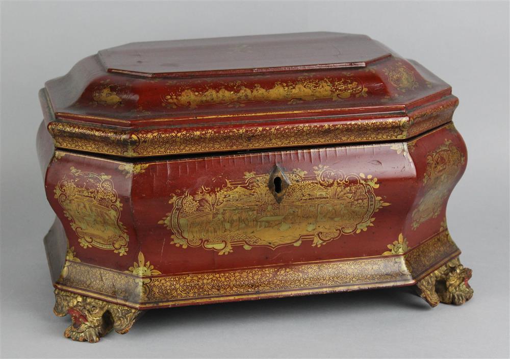 Appraisal: CHINESE EXPORT SCARLET AND GOLD LACQUER CRESTED AND MONOGRAMMED TEA