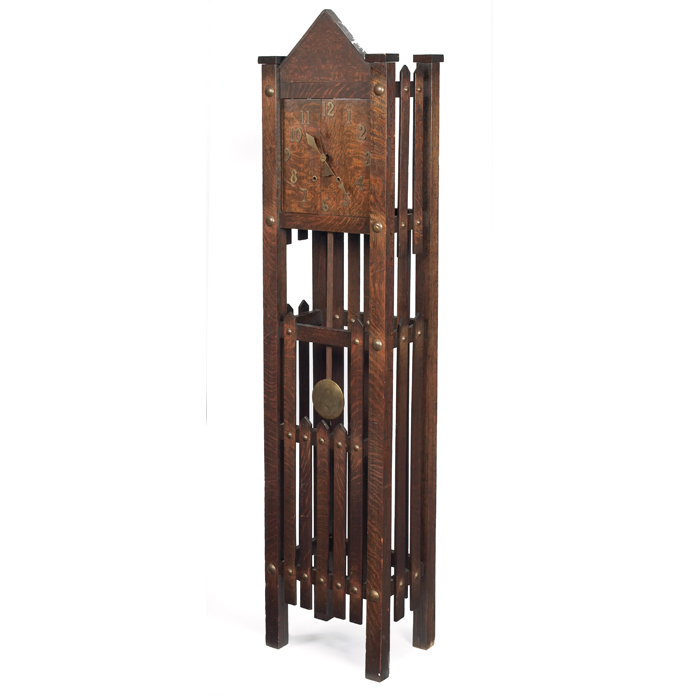 Appraisal: Arts Crafts grandfather clock slatted form with copper numbers at