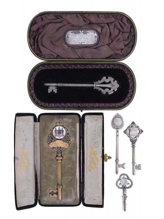 Appraisal: FOUR VICTORIAN AND EARLY TH CENTURY SILVER CEREMONIAL KEYS presented