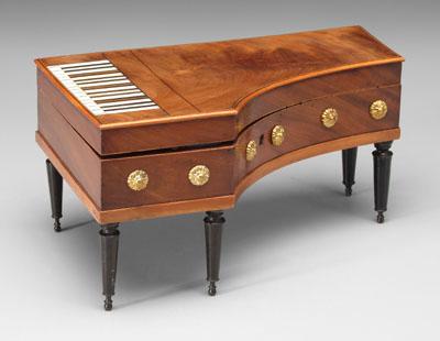 Appraisal: Music box necessaire shaped as miniature pianoforte figured English walnut