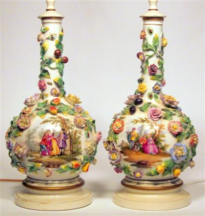 Appraisal: Pair of Meissen style floral encrusted hand-painted porcelain vasesBottle form