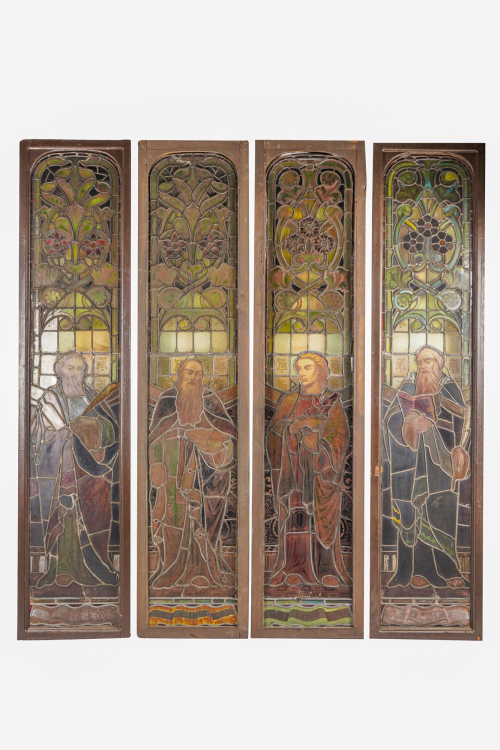 Appraisal: FOUR RELIGIOUS STAINED GLASS PANELSeach depicting figures x inches wide