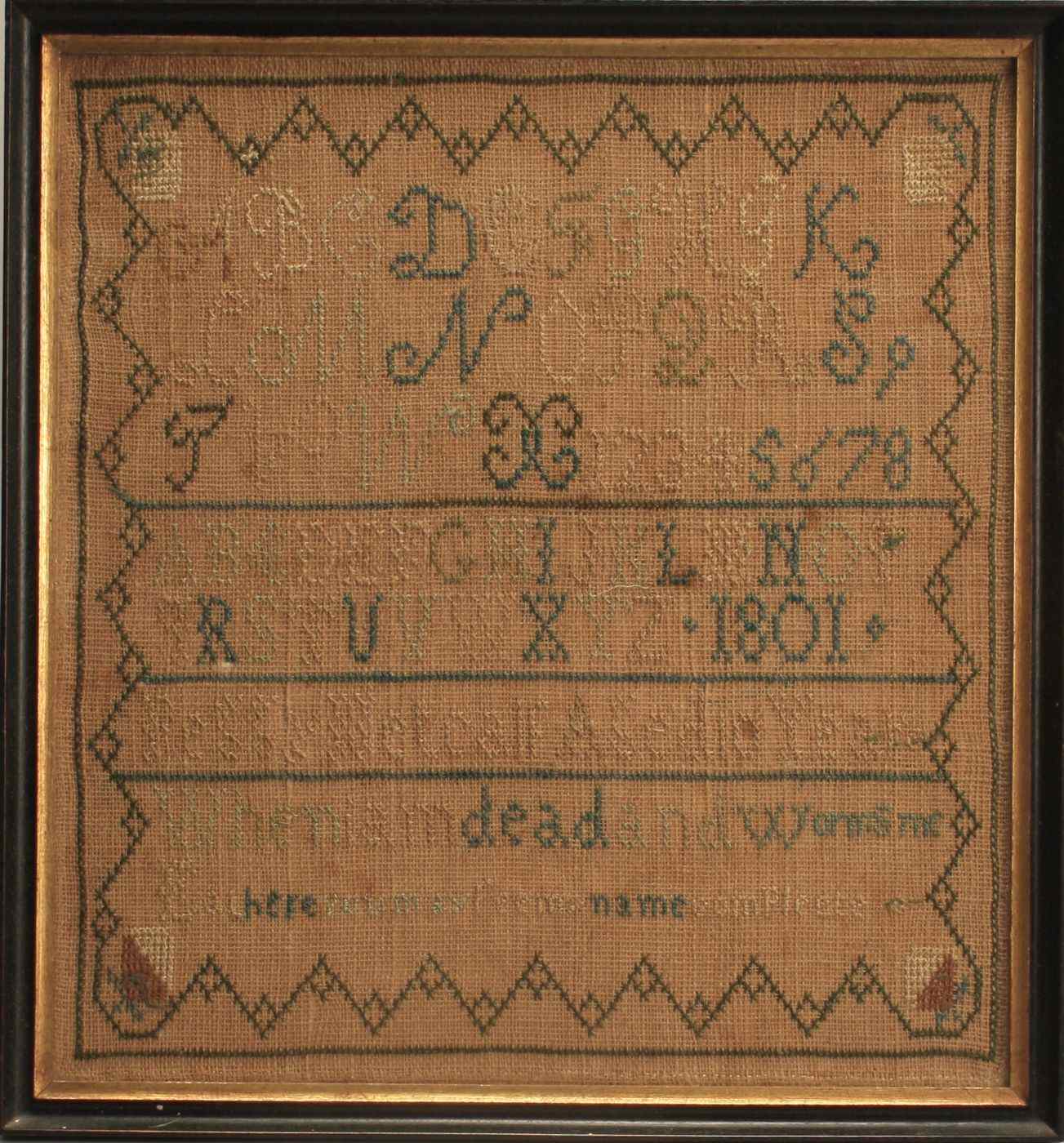 Appraisal: FRAMED NEEDLEWORK SAMPLERWrought by Rebecca Metcalf aged years Dated Alphabet