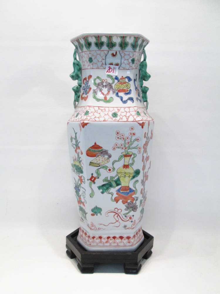 Appraisal: CHINESE REPUBLIC PORCELAIN VASE hexagon form with stylized dragon handles