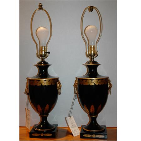 Appraisal: Pair of Neoclassical Style Gilt Decorated Tole Lamps Estimate -