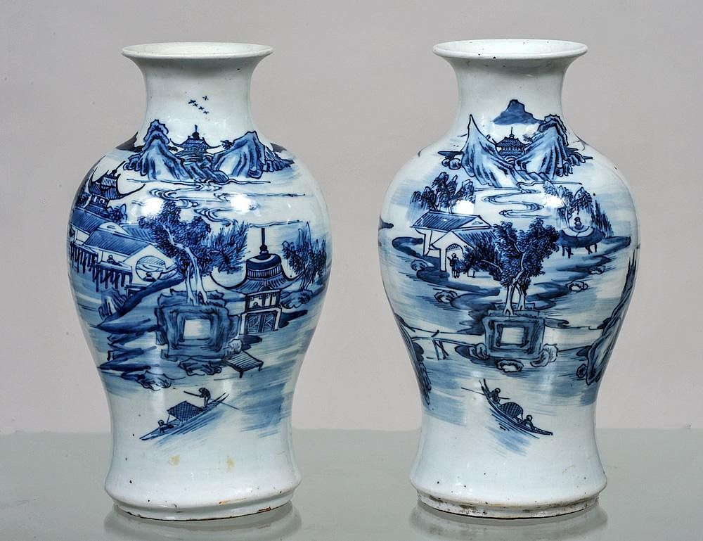 Appraisal: PAIR OF BLUE AND WHITE PORCELAIN VASES Chinese th Century