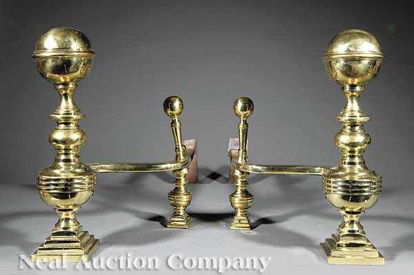 Appraisal: A Pair of American Classical Polished Brass Andirons th c