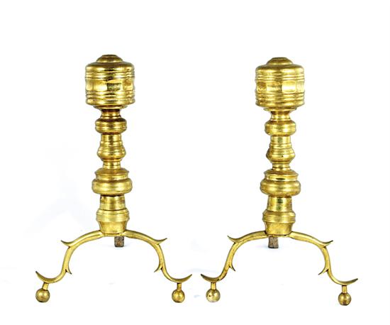 Appraisal: Pair American brass andirons late th century turned banded and