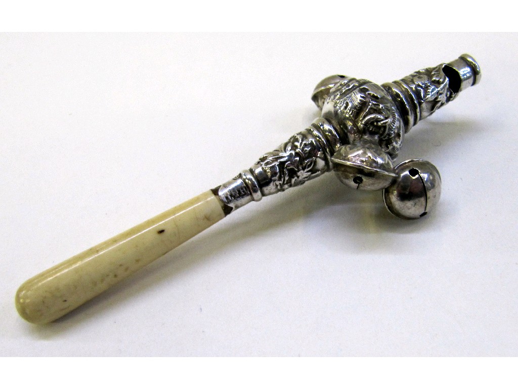 Appraisal: Victorian silver babies rattle whistle with ivory handle Birmingham Hilliard