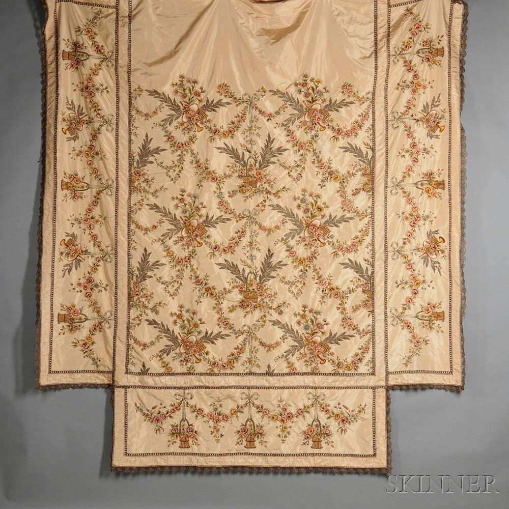 Appraisal: Silk and Needlework Coverlet late th early th century copiously