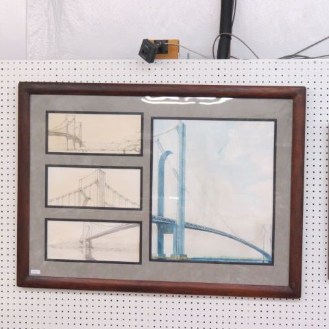 Appraisal: Architectural Drawings and Watercolor of a Bridge nicely framed and