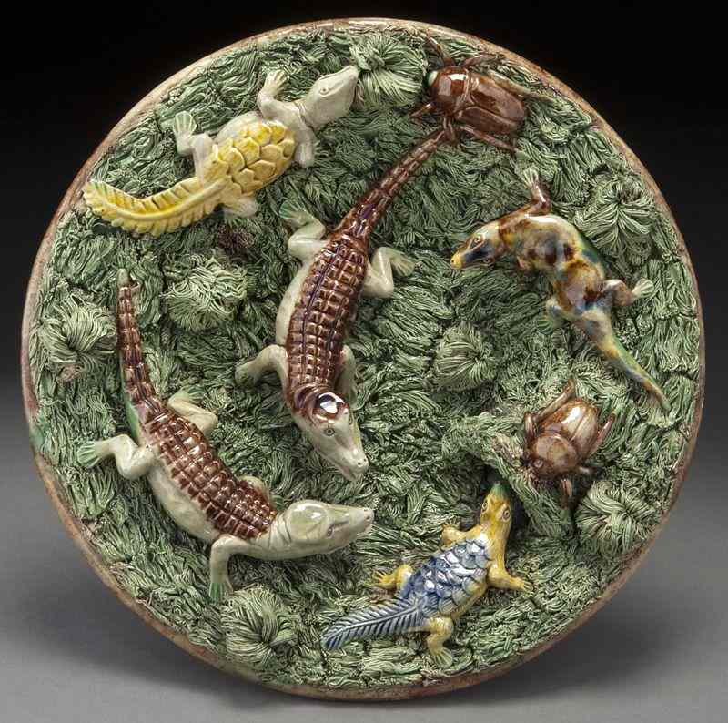 Appraisal: Portuguese palissy dish by M Mafra with alligators and beetles