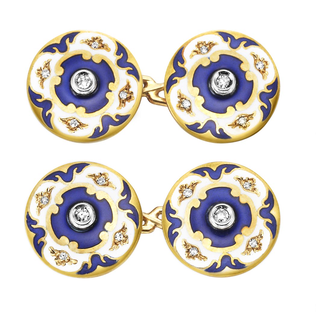 Appraisal: Pair of Gentleman's Gold Blue and White Enamel and Diamond